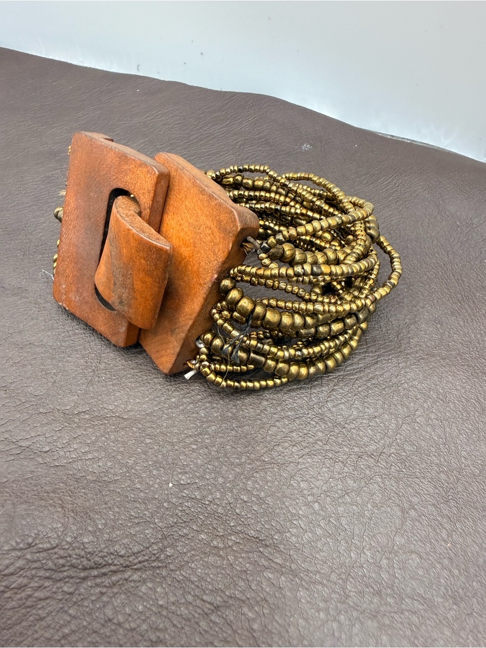 Handcrafted Wood & Gold Beaded Stretch Statement Bracelet